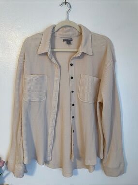 Cream waffle knit oversized button up with metal buttons size large Falls Creek